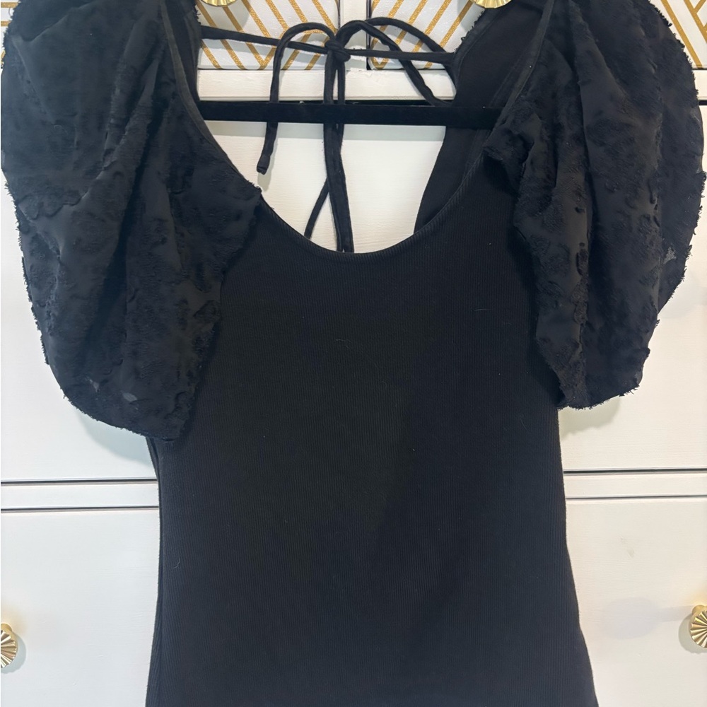 Maeve Black Lace Puff Sleeve Blouse